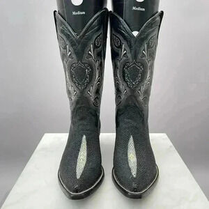 El Pajal Black Leather Cowboy Boots Size 11 Ostrich Stingray Rodeo Rock & Roll